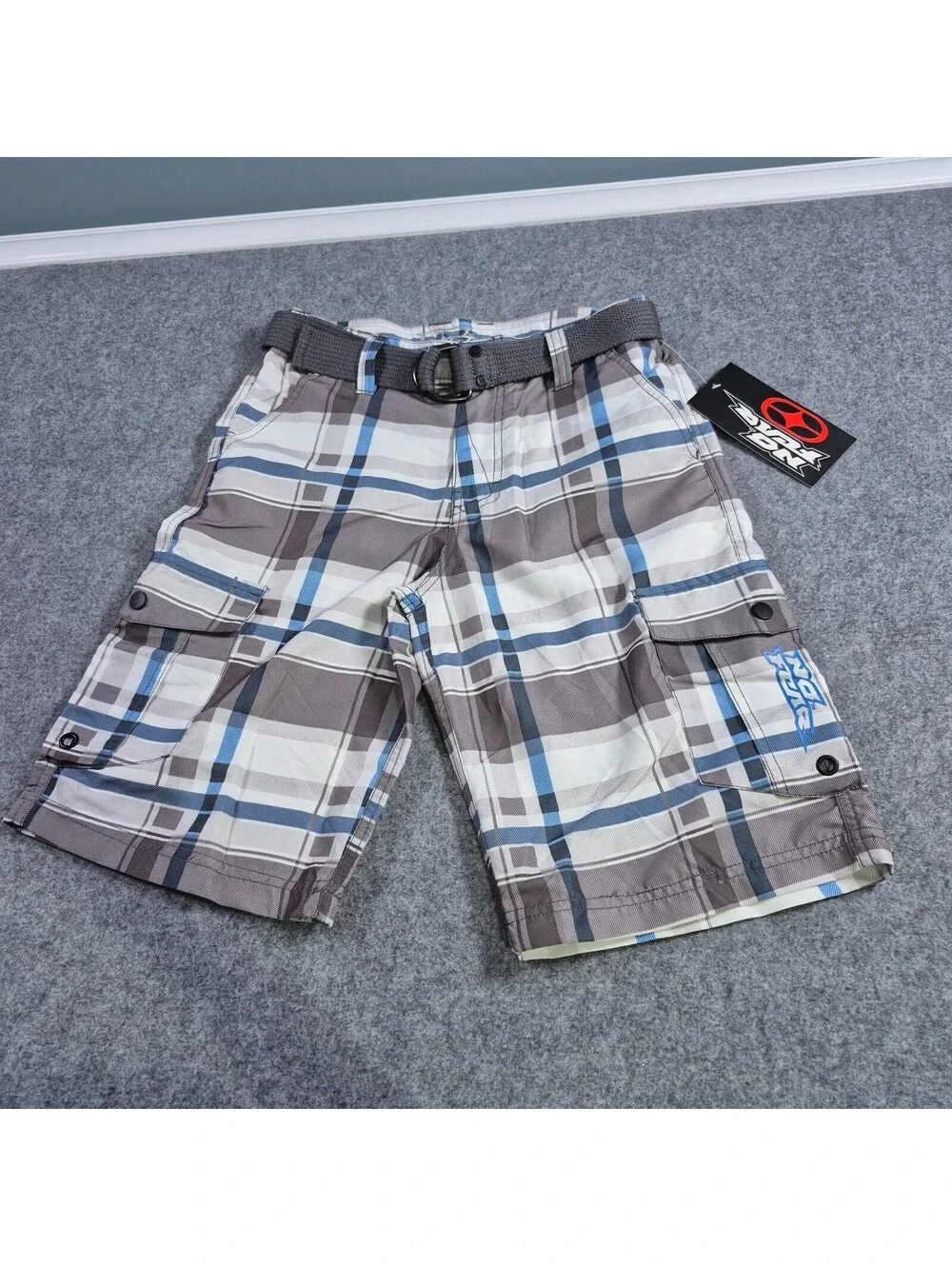 New  Sz Boy 14 NO FEAR Plaid Cargo Pocket Belted Shorts Dressy Casual